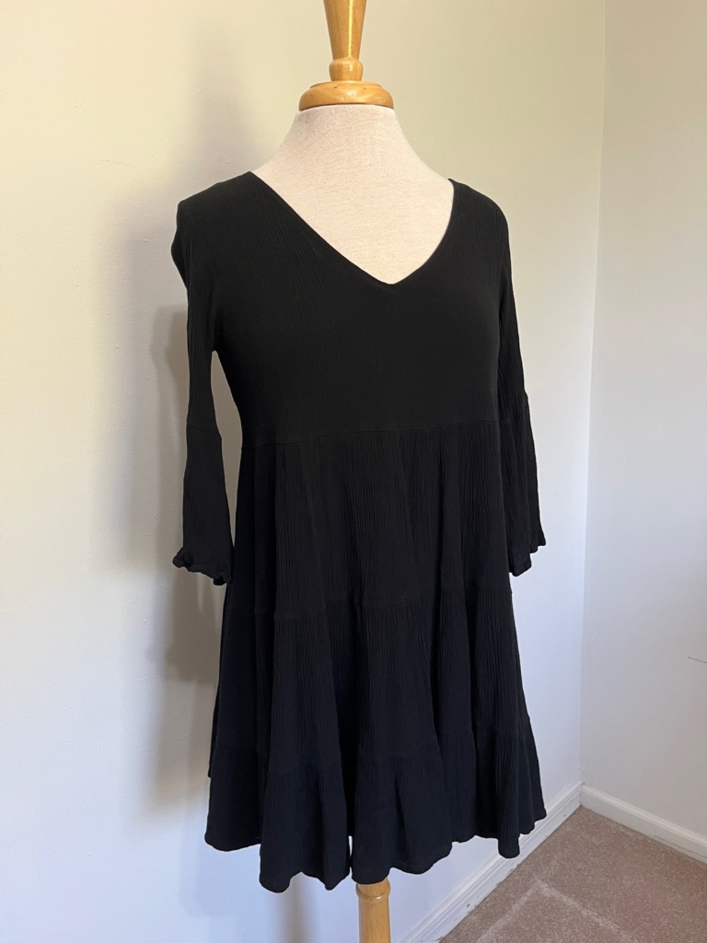 Peace Love Cake Boho Gypsy Whimsy Goth Black V-Neck Tiered Babydoll knee Dress